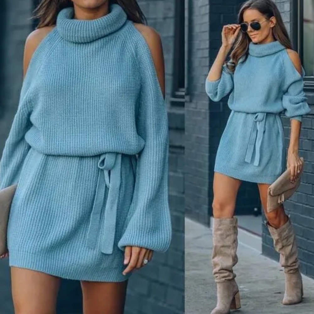 Vici Sky Blue cold shoulder cable knit sweater dress